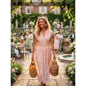 & Other Stories Printed Floral Wrap Midi Dress Pink White Size 4 | Wedding Guest